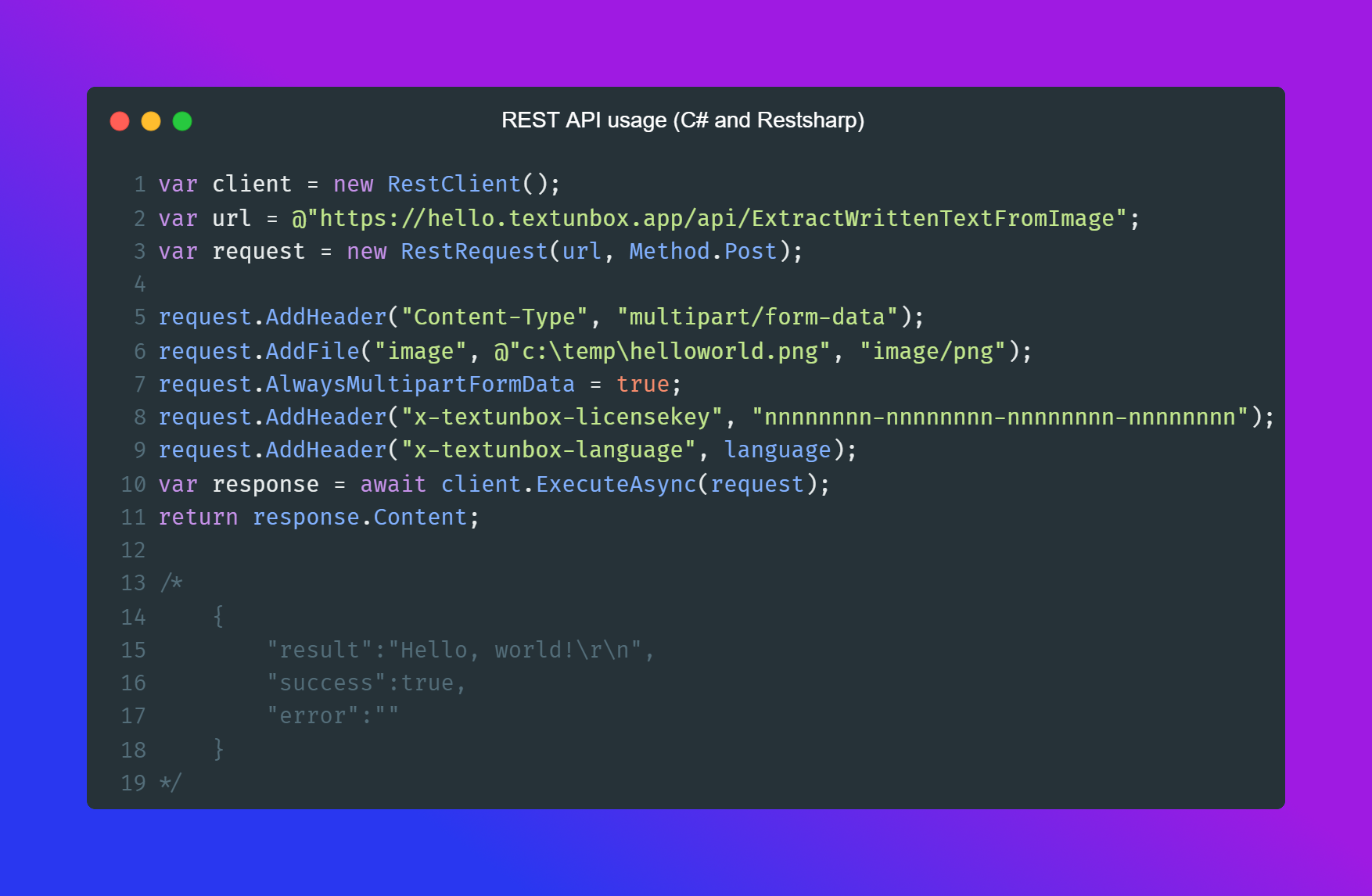 Code example for using the TextUnbox REST API